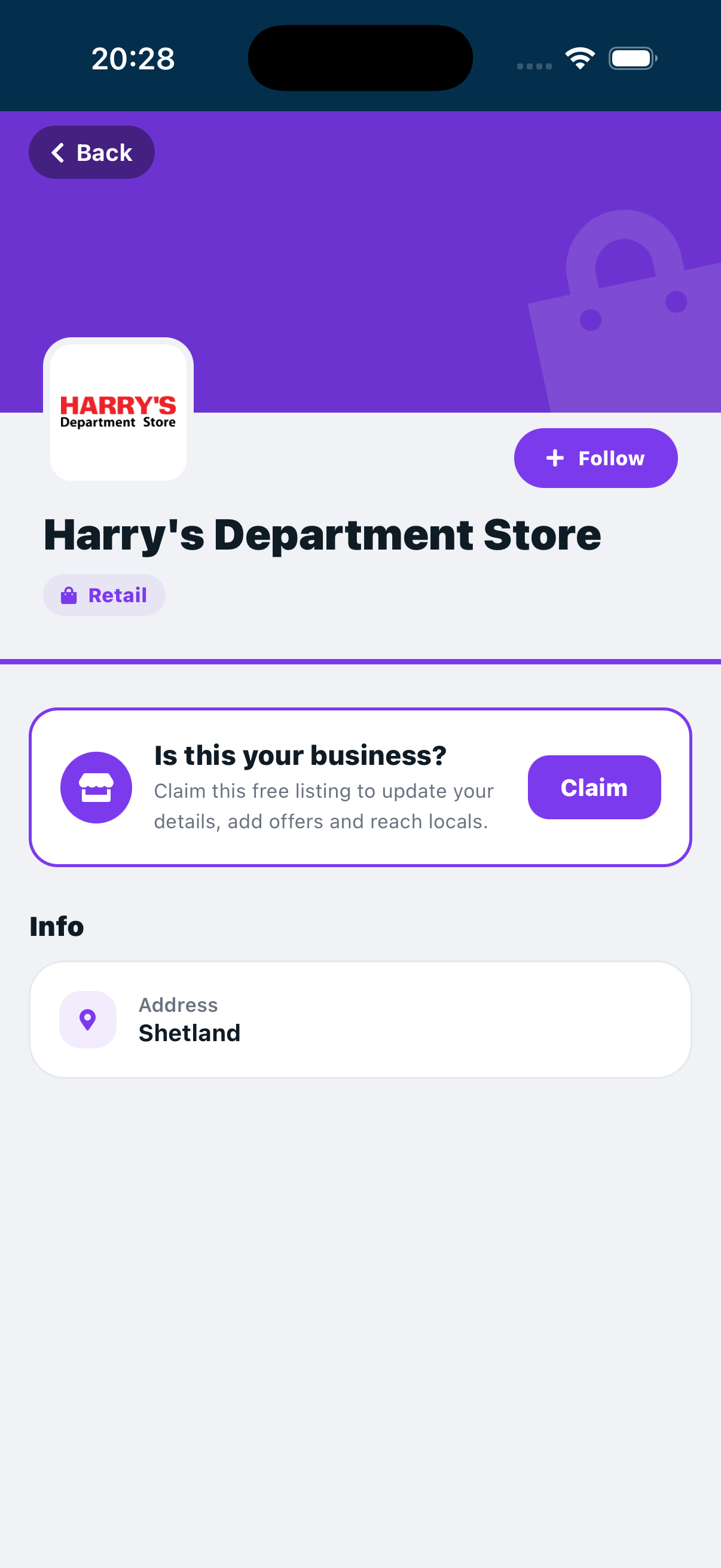 A OneShetland business listing on a phone